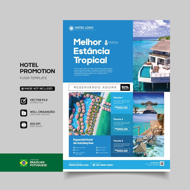 Vecteur design promotionnel d'hôtels tropicaux en portugais brésilien