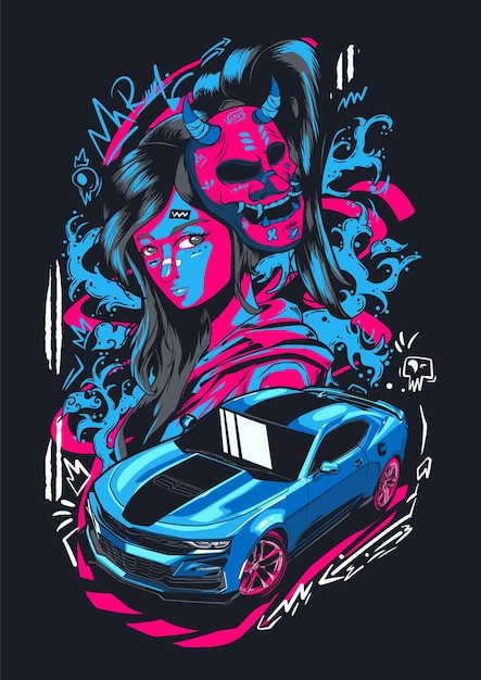 Vecteur design de t-shirt vectoriel avec un style dessiné à la main utilisant une illustration de voiture et un personnage féminin