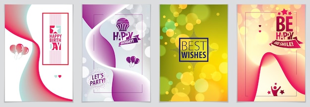 Design vectoriel de cartes de vœux d'anniversaire. Inclut une composition de lettres et des ballons combinés avec une collection d'arrières-plans abstraits de forme fluide colorée ondulée. Format A4 avec des couleurs CMYK acceptables pour pri