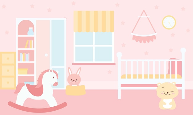 Désignation d'illustration plate du paysage de la chambre à coucher rose mignon pour enfant petite fille avec décoration féminine
