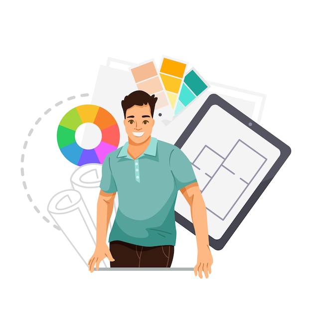 Designer d'intérieur souriant avec des outils et une palette de couleurs sur fond blanc illustration vectorielle