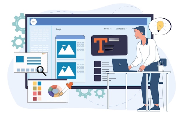 Designer travaillant sur une mise en page de site Web sur un grand écran avec des palettes de couleurs, de la typographie et de l'image