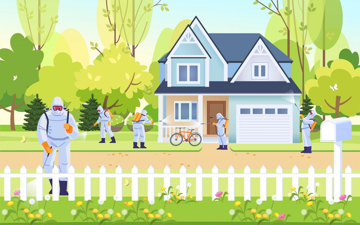Vecteur désinfection par coronavirus. des désinfectants pour stériliser le coronavirus dans la rue, la route et la maison. personnes en combinaison de protection contre les virus et désinfection des masques. illustration de dessin animé