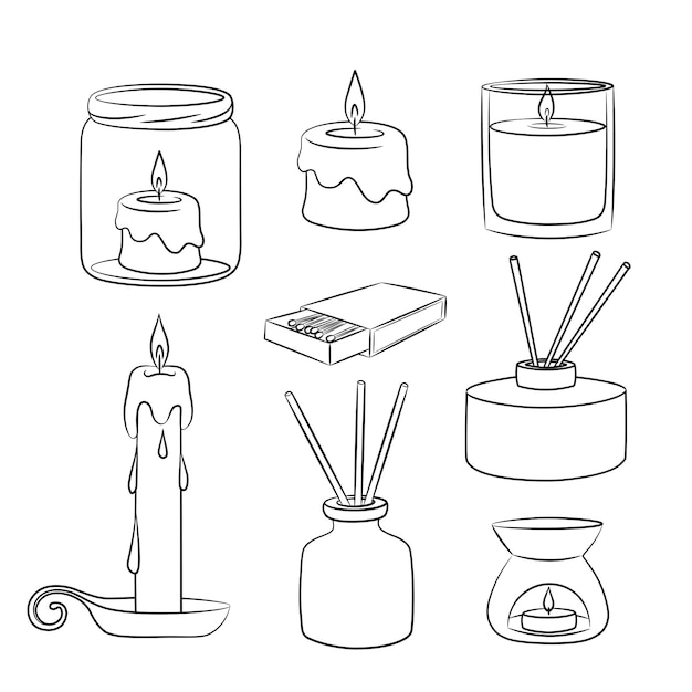 Désodorisant et bougies dans un bocal dessiné dans un style de croquis.Un ensemble de diffuseur et de bougies en cire.