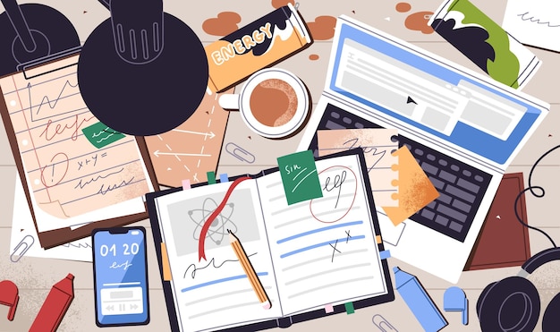 Le désordre créatif est sur le lieu de travail de l'étudiant pendant le processus d'apprentissage. Vue supérieure. La tasse est sur un bureau sale. La table est en désordre avec un ordinateur portable ouvert, de la papeterie et du désordre. Illustration vectorielle plate.