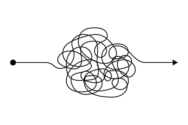 Désordre de l'état d'esprit du chaos de la flèche. Concept de ligne de nœud Doodle avec croquis de gribouillis à main levée. Processus de pensée difficile dessiné à la main de vecteur. Chemin d'enchevêtrement.