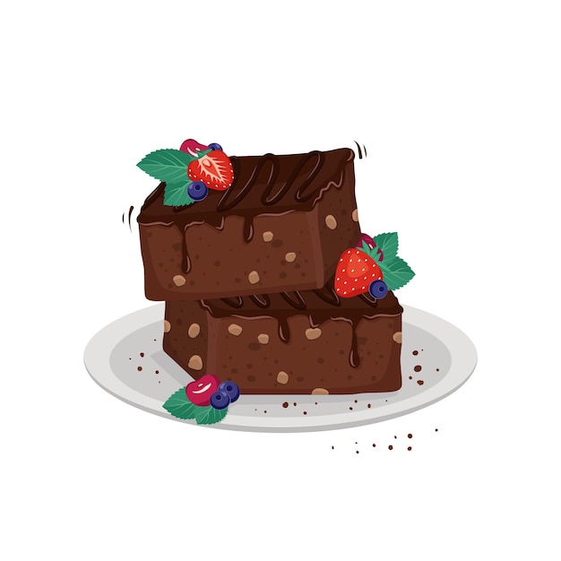 Vecteur dessert au brownie sucré avec du chocolat coulant, des noix et des baies. délicieux morceau de gâteau, cuisson pour anniversaire, fête et vacances. illustration plate vectorielle