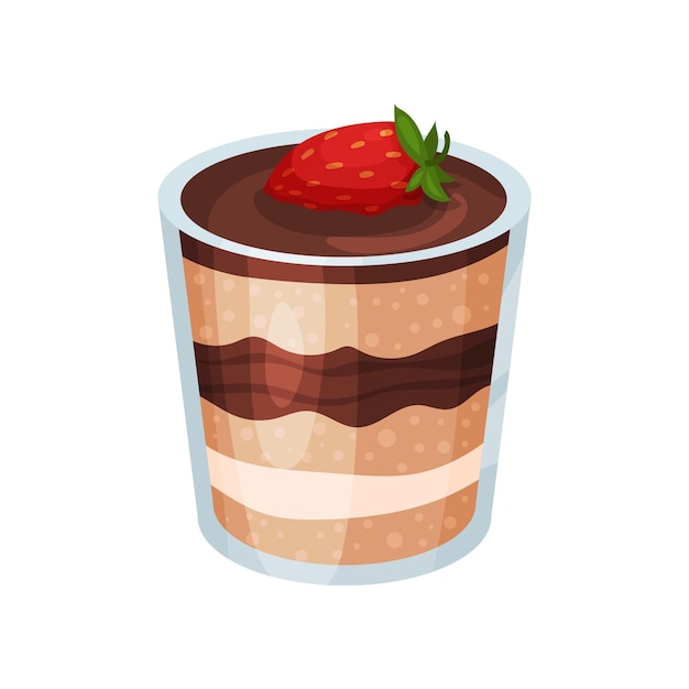 Dessert au chocolat en couches panna cotta ou pudding à la vanille en vecteur de dessin animé de verre Illustration sur fond blanc