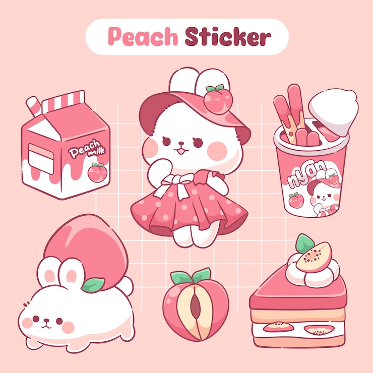 Vecteur un dessert de pêche rose kawaii avec un autocollant mignon de lapin