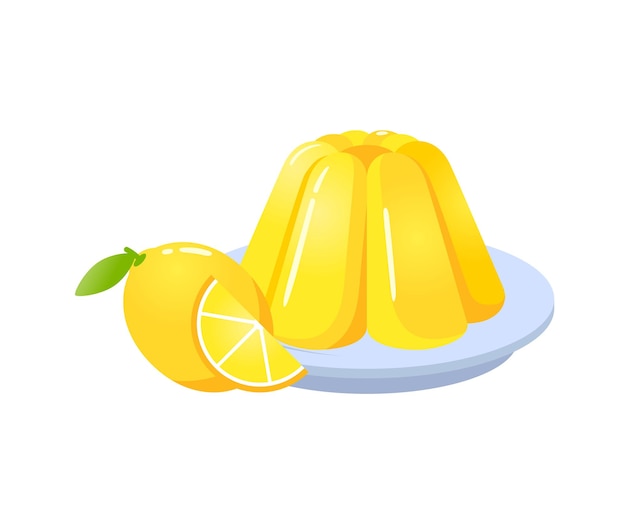 Dessert sucré à la gelée jaune sur assiette avec illustration vectorielle de citron fruit dessin animé