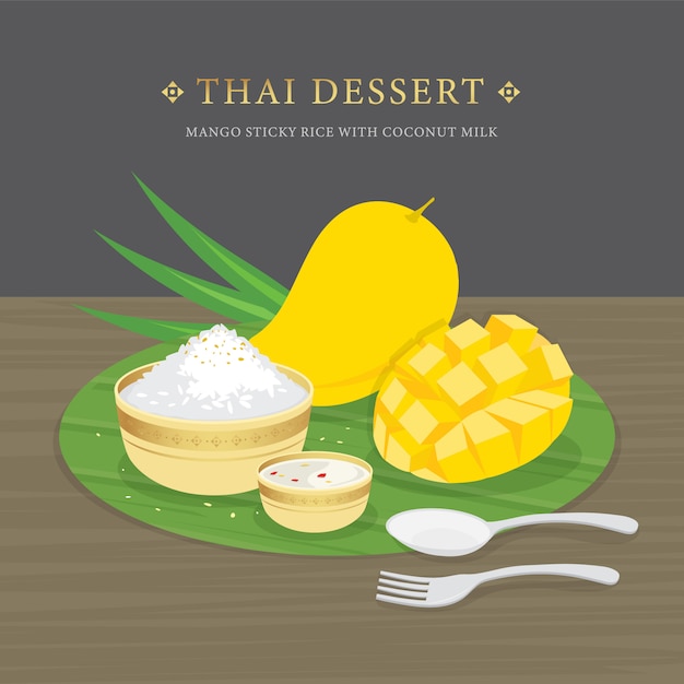 Dessert thaï, mangue et riz gluant au lait de coco et sauce à la mangue. Illustration de dessin animé