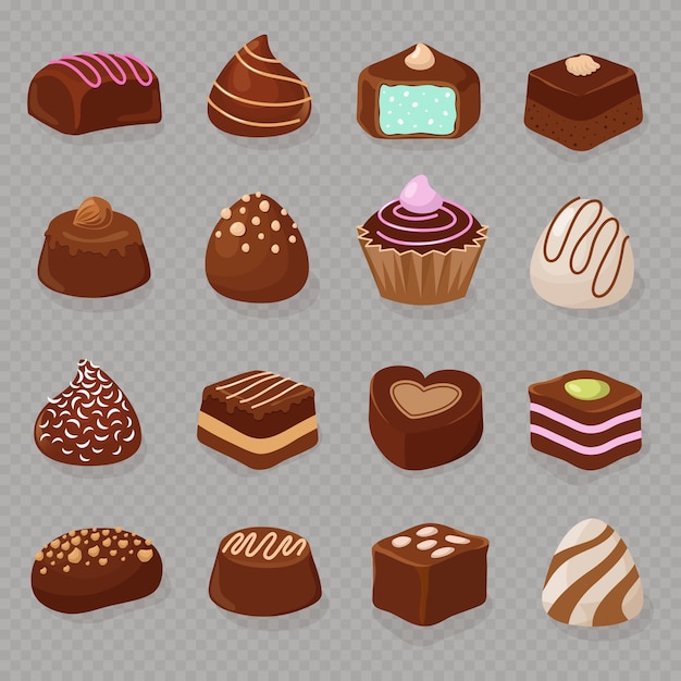 Vecteur desserts au chocolat dessin animé et bonbons isolés
