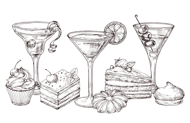 Desserts Dessinés à La Main Et Cocktails Mous Sur Fond Blanc