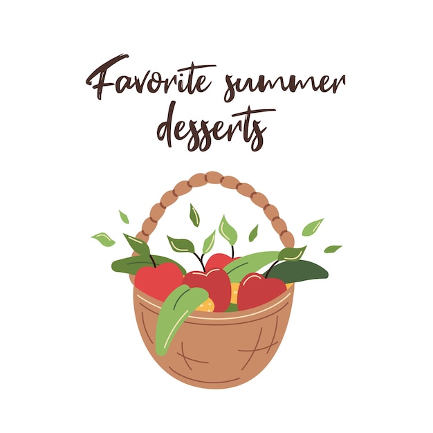 Desserts d'été préférés de carte postale Panier avec des pommes de fruits Fond blanc