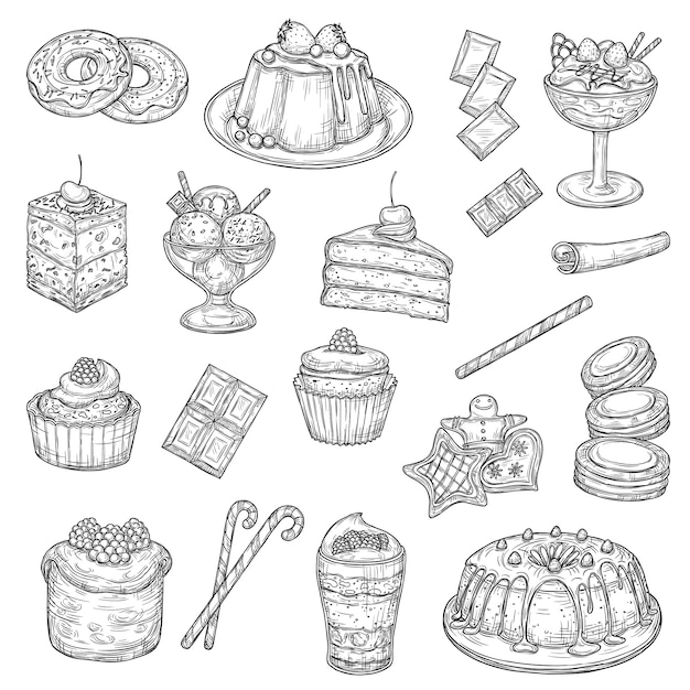 Desserts Et Gâteaux De Pâtisserie, Croquis D'aliments Sucrés