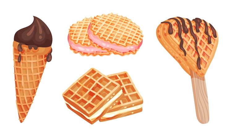 Vecteur des desserts de gaufres ou de waffles avec de la crème glacée et du gaufré collés ensemble set vectoriel