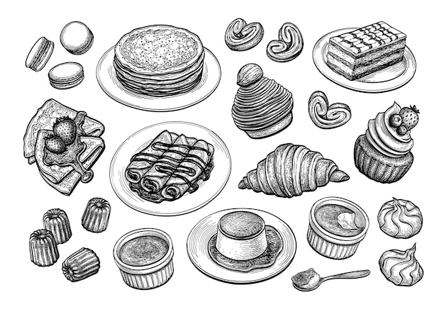 Vecteur desserts et pâtisseries françaises. grand ensemble. collection de croquis à l'encre.