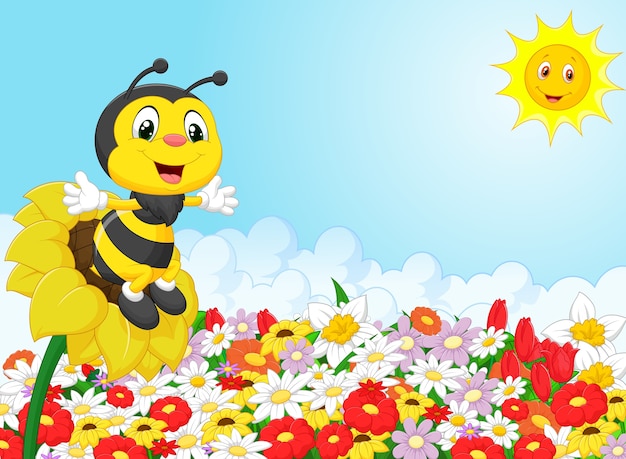 Dessin Animé Abeille Assis Sur La Fleur