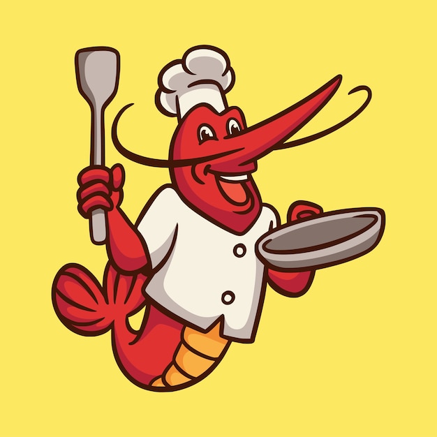 Dessin Animé Animal Design Chef Crevettes Logo Mascotte Mignonne