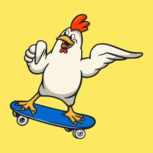 Vecteur dessin animé animal design coq skateboard mignon mascotte logo