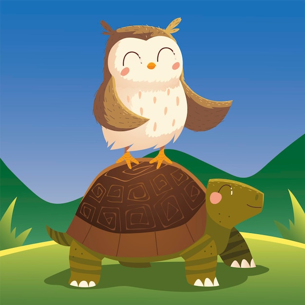 Dessin Animé Animaux Hibou Sur Tortue Dans L'illustration De La Nature De L'herbe