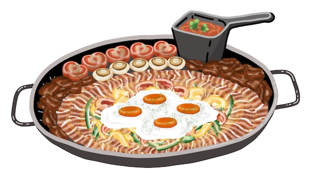 Vecteur un dessin animé d'une assiette de nourriture avec un seau noir d'œufs et un petit seau noir de sauce.