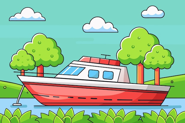 Vecteur un dessin animé d'un bateau avec des arbres et de l'herbe