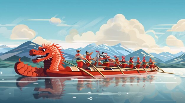 Vecteur un dessin animé d'un bateau dragon avec des montagnes en arrière-plan