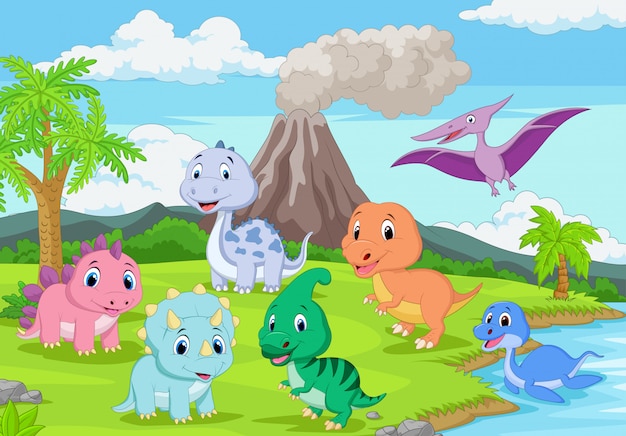 Dessin animé bébé dinosaures dans la jungle