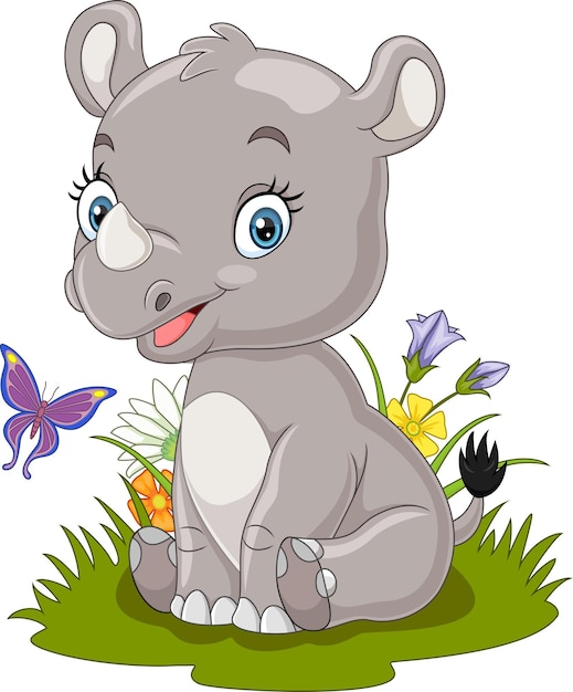 Dessin Animé Bébé Rhinocéros Assis Dans L'herbe
