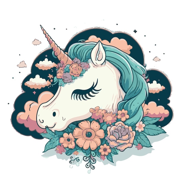 Dessin Animé Belle Tête De Licorne Avec De Belles Fleurs