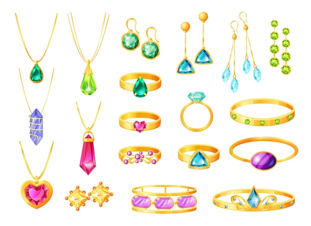 Dessin animé bijoux en or avec pierres précieuses bagues de mariage boucles d'oreilles bracelets femmes mode accessoires dorés diadème bijou collier vecteur ensemble