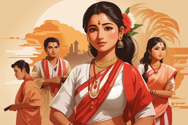 Le Dessin Animé Bohag Bihu Est Une Illustration De Vacances En Inde.