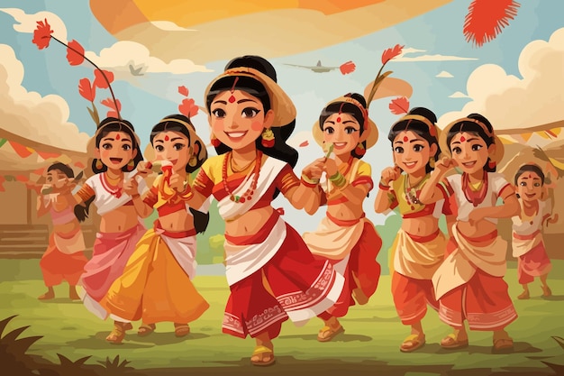 Le Dessin Animé Bohag Bihu Est Une Illustration De Vacances En Inde.