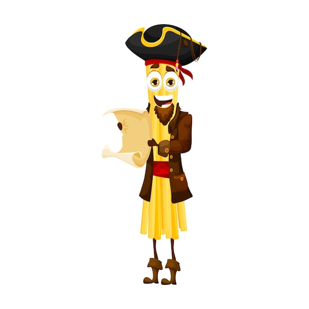 Dessin Animé Bucatini Pâtes Italiennes Pirate Personnage Savoureux Nouilles Boucanier Heureux Mascotte Italie Cuisine Classique Repas Pirate Ou Bucatini Corsaire Isolé Vecteur Joyeux Personnage Avec Carte Au Trésor