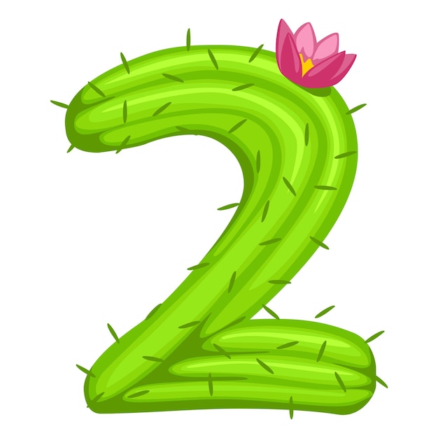 Dessin Animé Cactus Numéro 2 Avec Police De Fleurs Numéros D'enfants Figure Deux