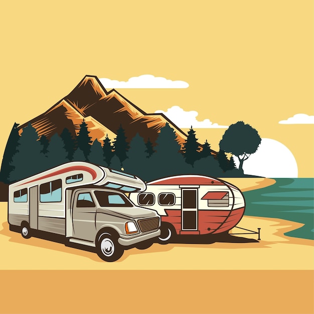 dessin animé d'une caravane RV illustration de voyage avec un modèle vectoriel de fond de montagne et de lac