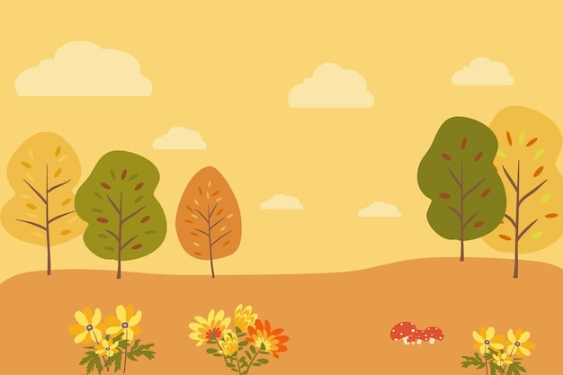 Un dessin animé d'un champ avec des arbres jaunes et oranges et quelques fleurs jaunes.