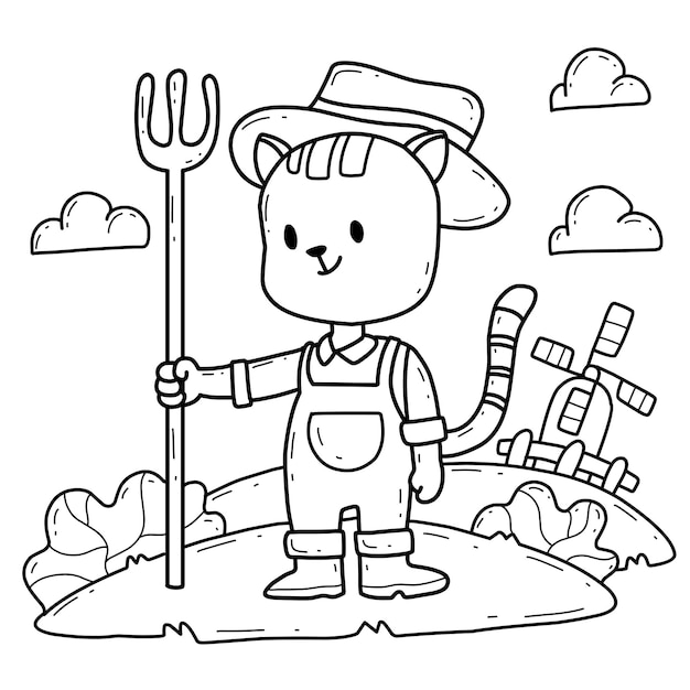 Dessin Animé Chat Agriculteur Livre De Coloriage Isolé Sur Fond Blanc