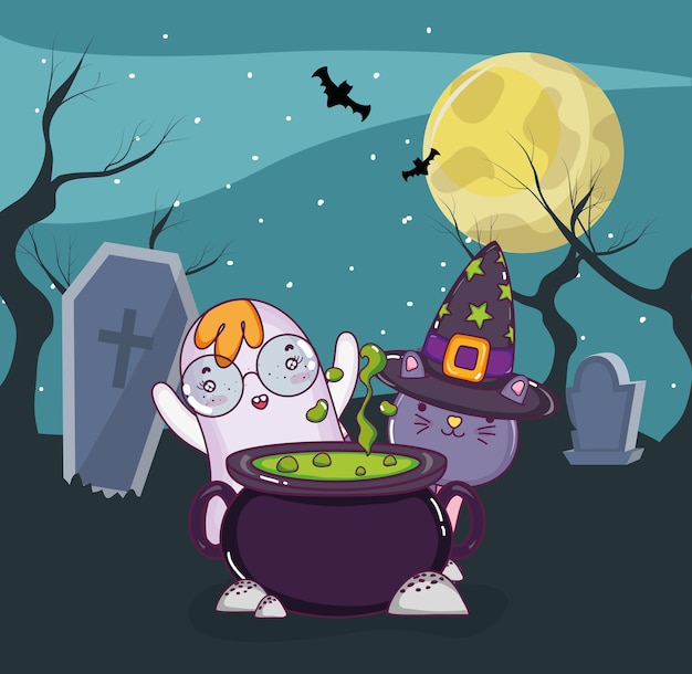 Dessin animé de chat et fantôme Halloween