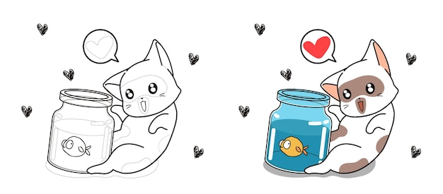 Dessin Animé Chat Et Petit Poisson à Colorier Pour Les Enfants