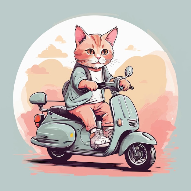 Vecteur un dessin animé d'un chat sur un scooter avec une image d'un chien sur le devant