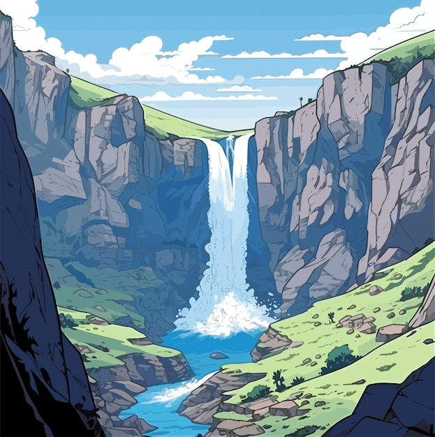 Vecteur un dessin animé d'une chute d'eau avec un ciel bleu et des arbres verts en arrière-plan.