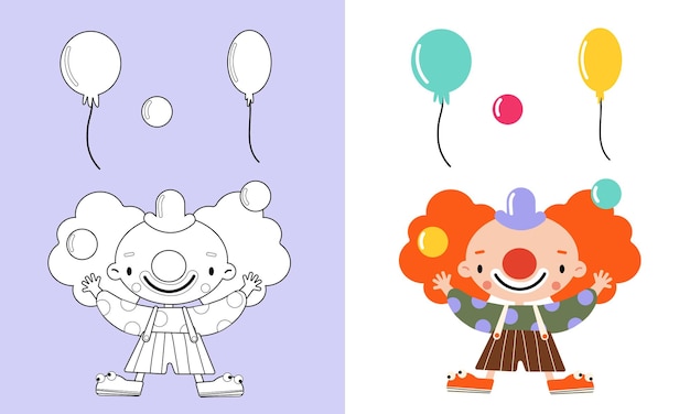 Un Dessin Animé D'un Clown Et D'un Clown Avec Des Ballons à Colorier Avec Un Clown Jonglant Aux Couleurs Vives