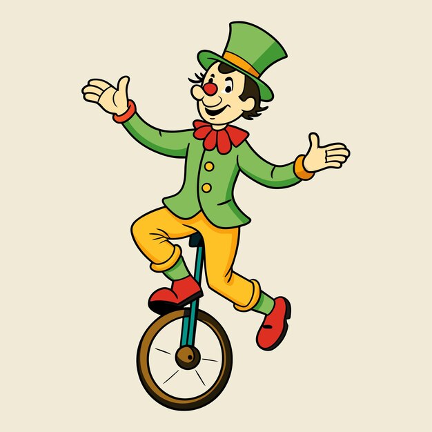 Vecteur un dessin animé d'un clown sur un vélo avec un chapeau vert dessus
