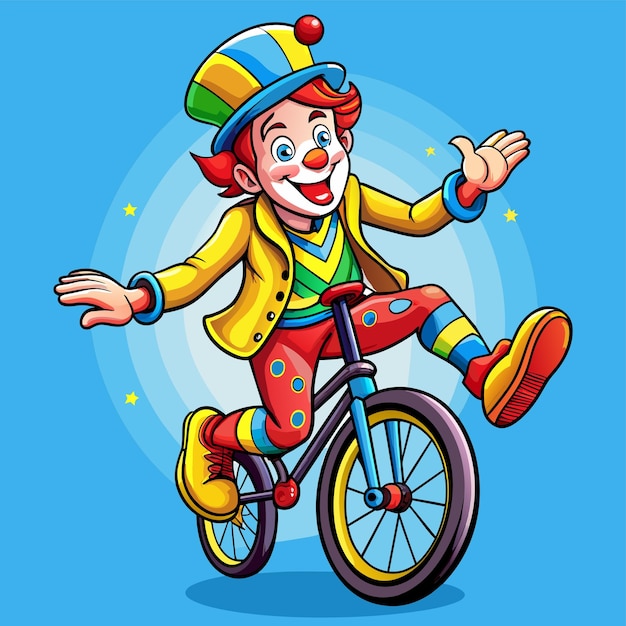 un dessin animé d'un clown sur un vélo avec un clown sur le dos