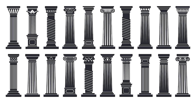 Vecteur dessin animé colonnes romaines architecture dorique corinthienne ordre silhouettes ensemble d'illustrations vectorielles plates