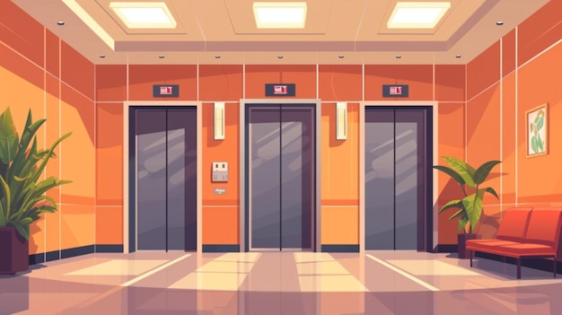 Vecteur un dessin animé d'un couloir avec des portes d'ascenseur et un panneau de sortie