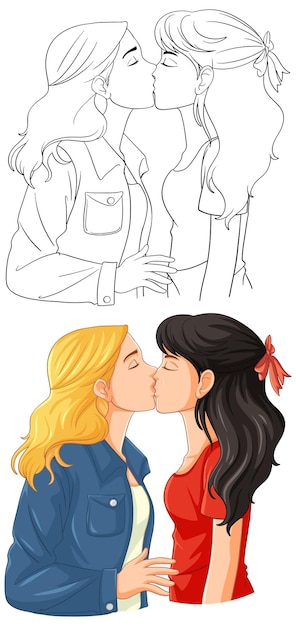 Dessin Animé De Couple Lesbien S'embrassant Contour De Doodle