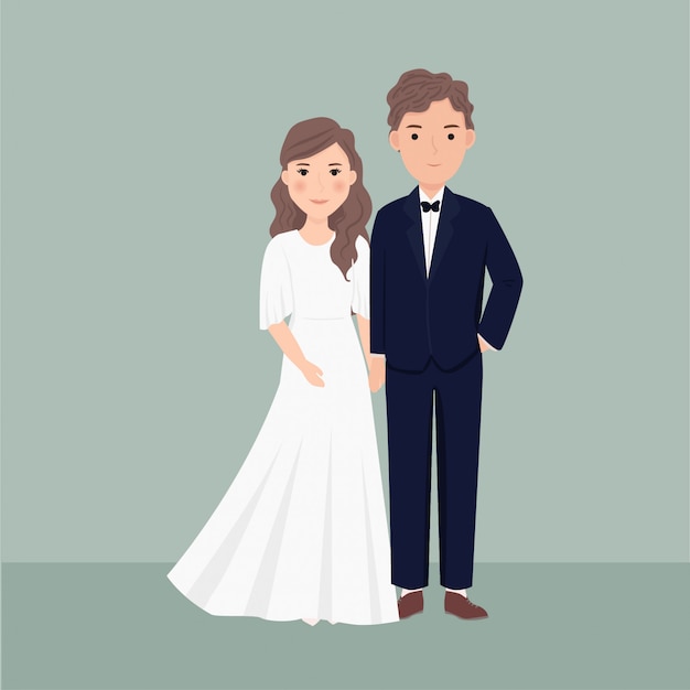 Dessin Animé, Couple, Mariée Marié, Tenant Main, Et, Porter, Robe Mariage